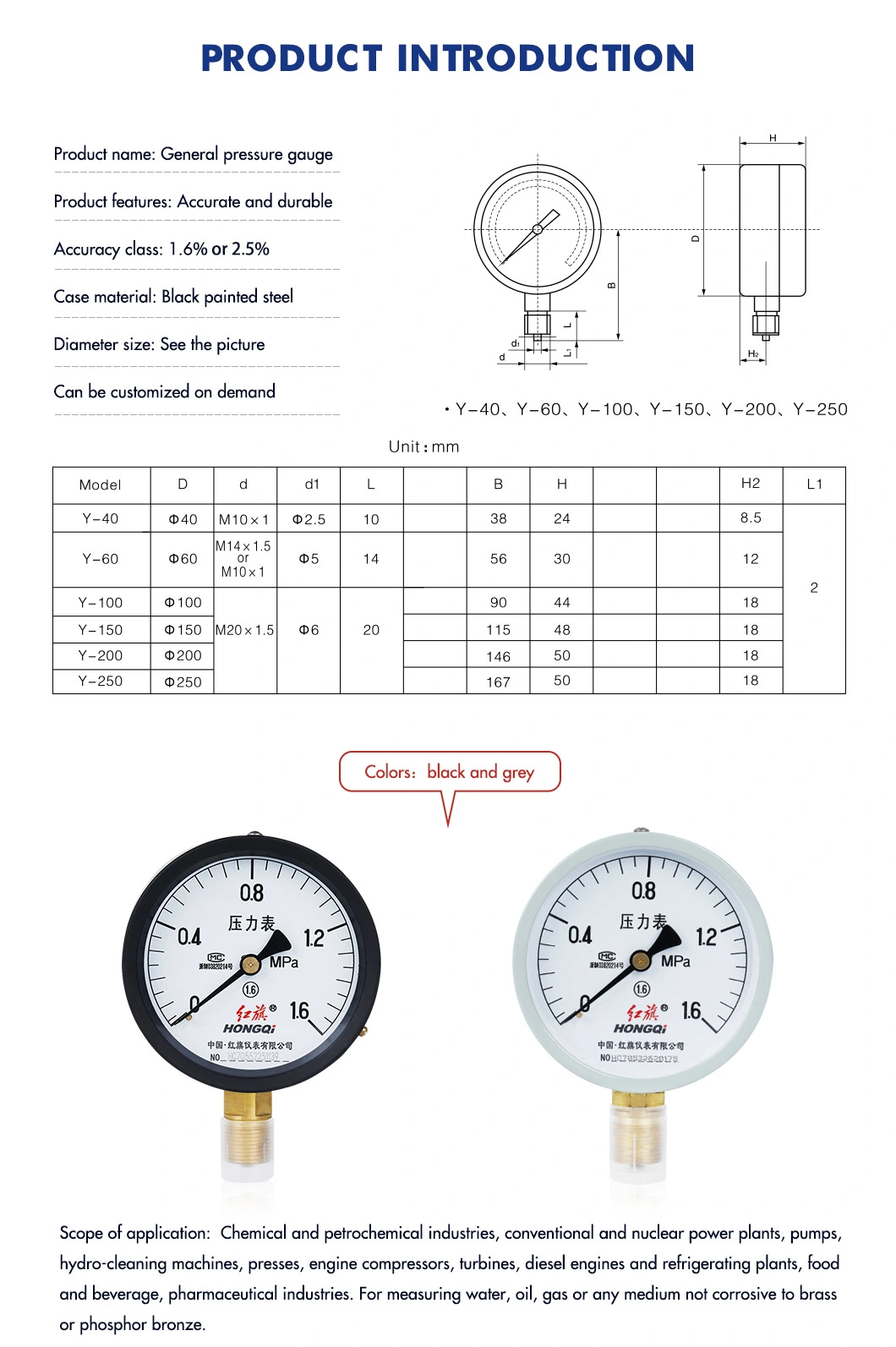 Black Painted Steel Case 40mm Diameter Ordinary Bourdon Tube Pressure Gauge