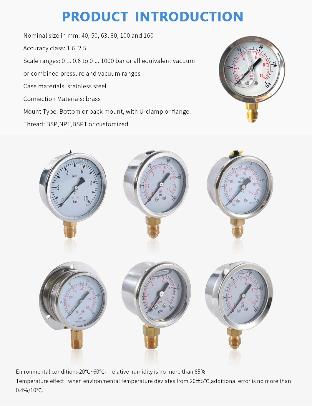 Water Pressure Gauge- Bourdon Tube Pressure Gauge-Liquid Filled Manometer-Shock-Proof Pressure Gauge-Stainless Steel Manometer-Antivibration Pressure Gauge